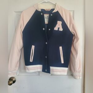 Abercrombie kids Navy and Light Pink Letterman Jacket, Size 13/14
